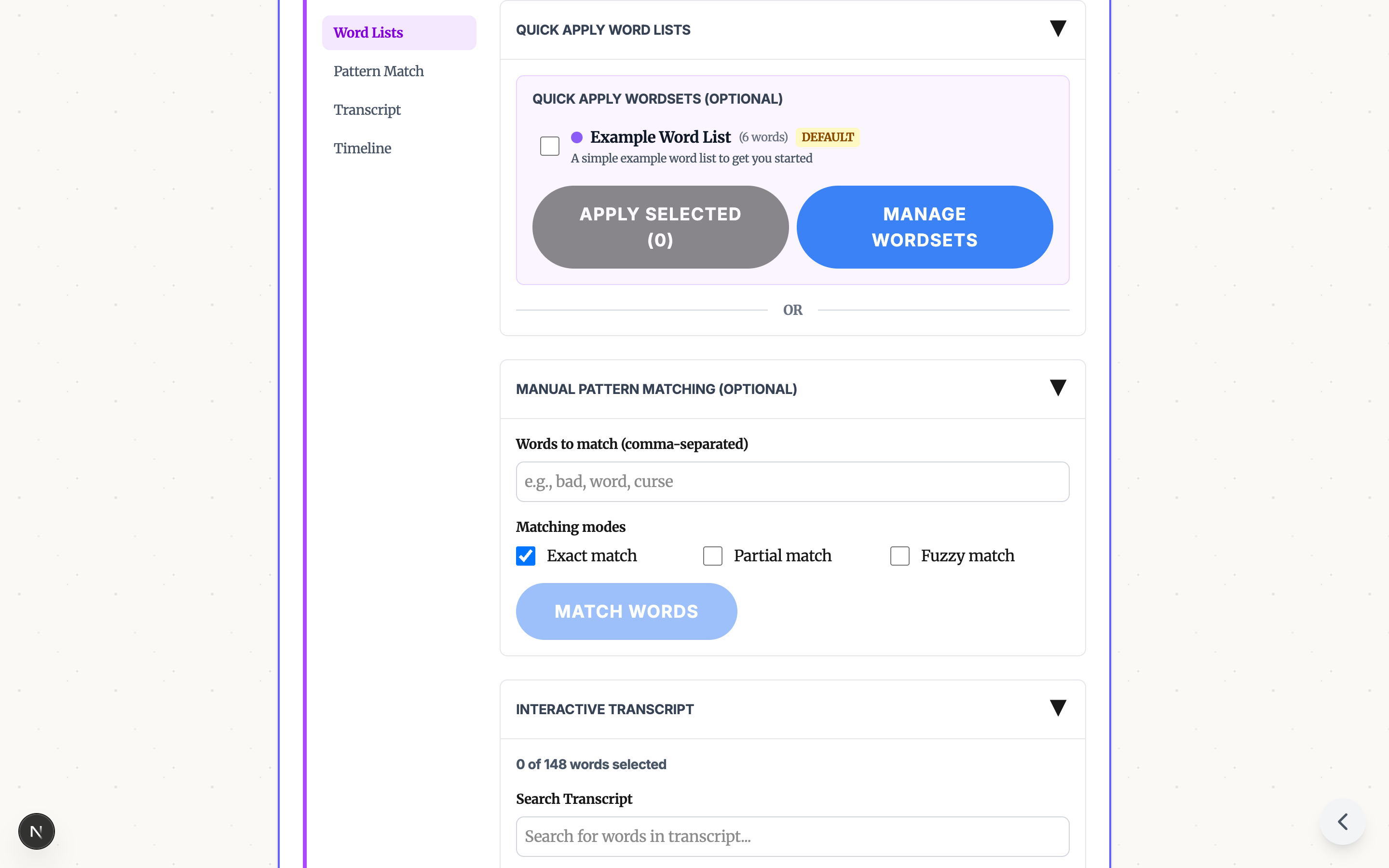 Word lists selection